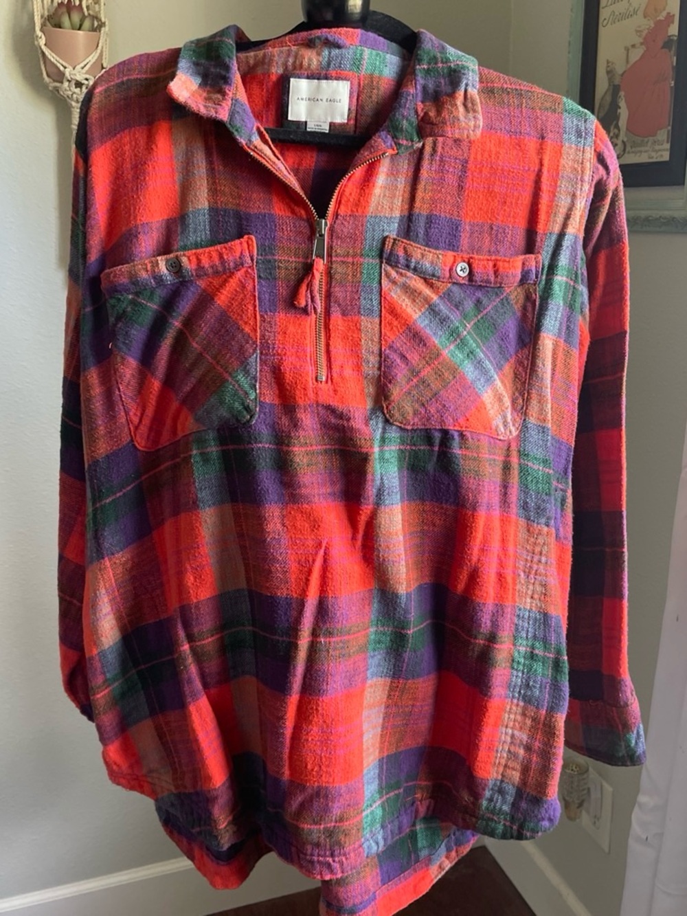 American Eagle Outfitters Red Plaid Half-Zip Flannel Top